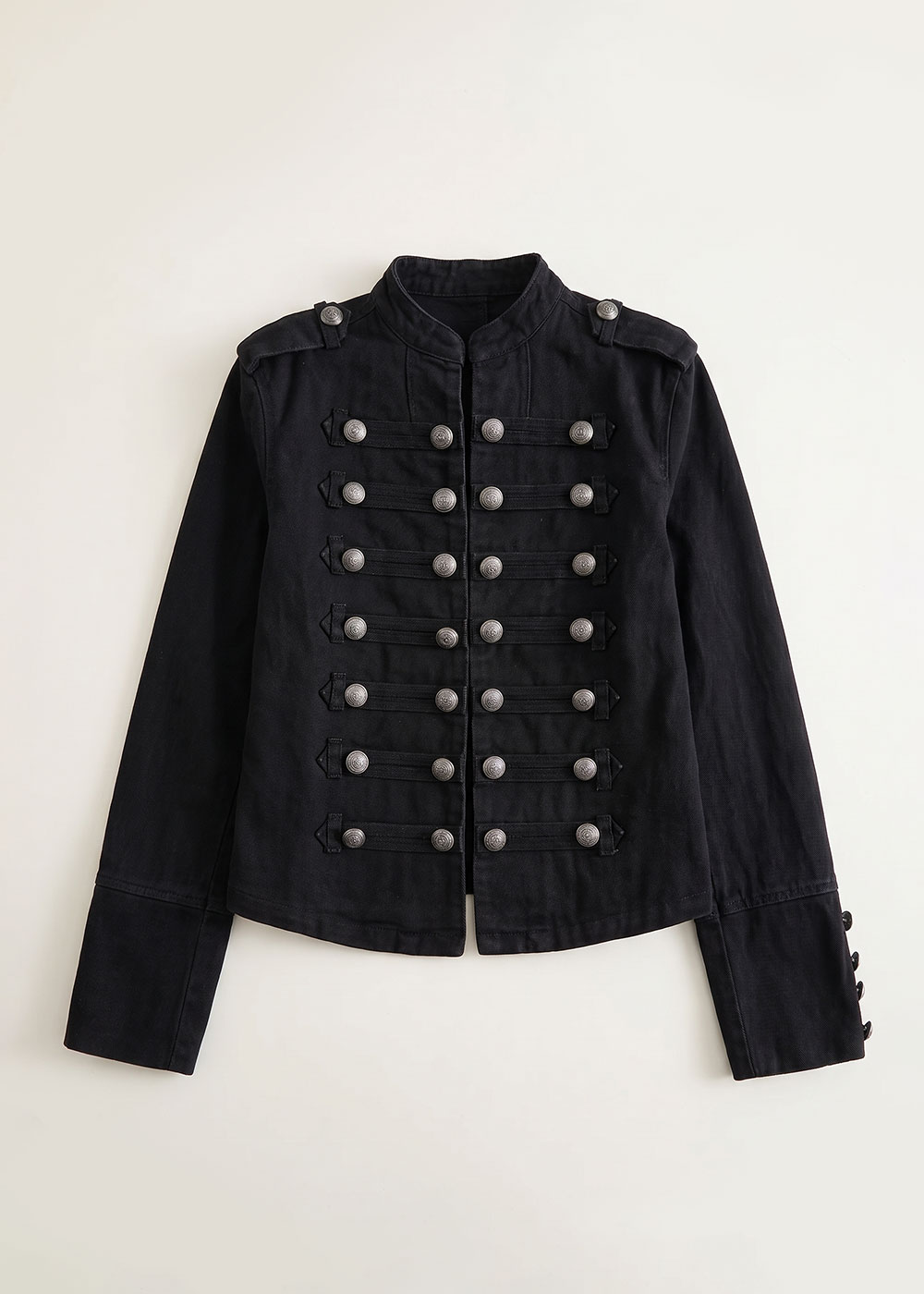 Black military-style women's jacket with mandarin collar, decorative silver button rows, long sleeves