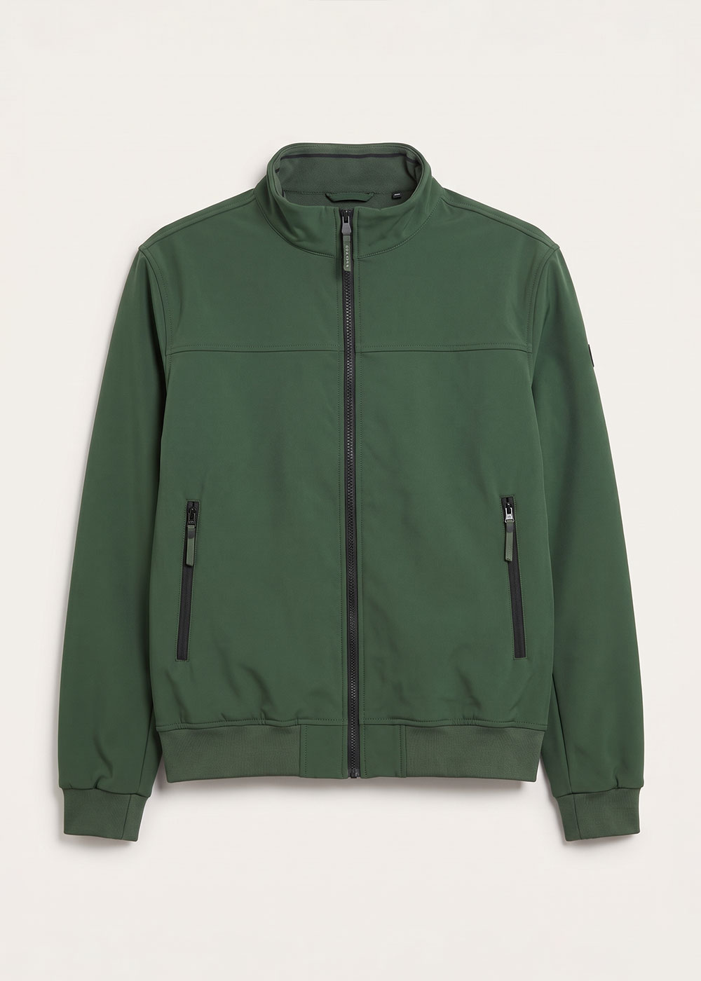 Men's forest-green softshell zip-up bomber jacket, full-front view with stand collar, two zip pockets and ribbed cuffs and hem on light background