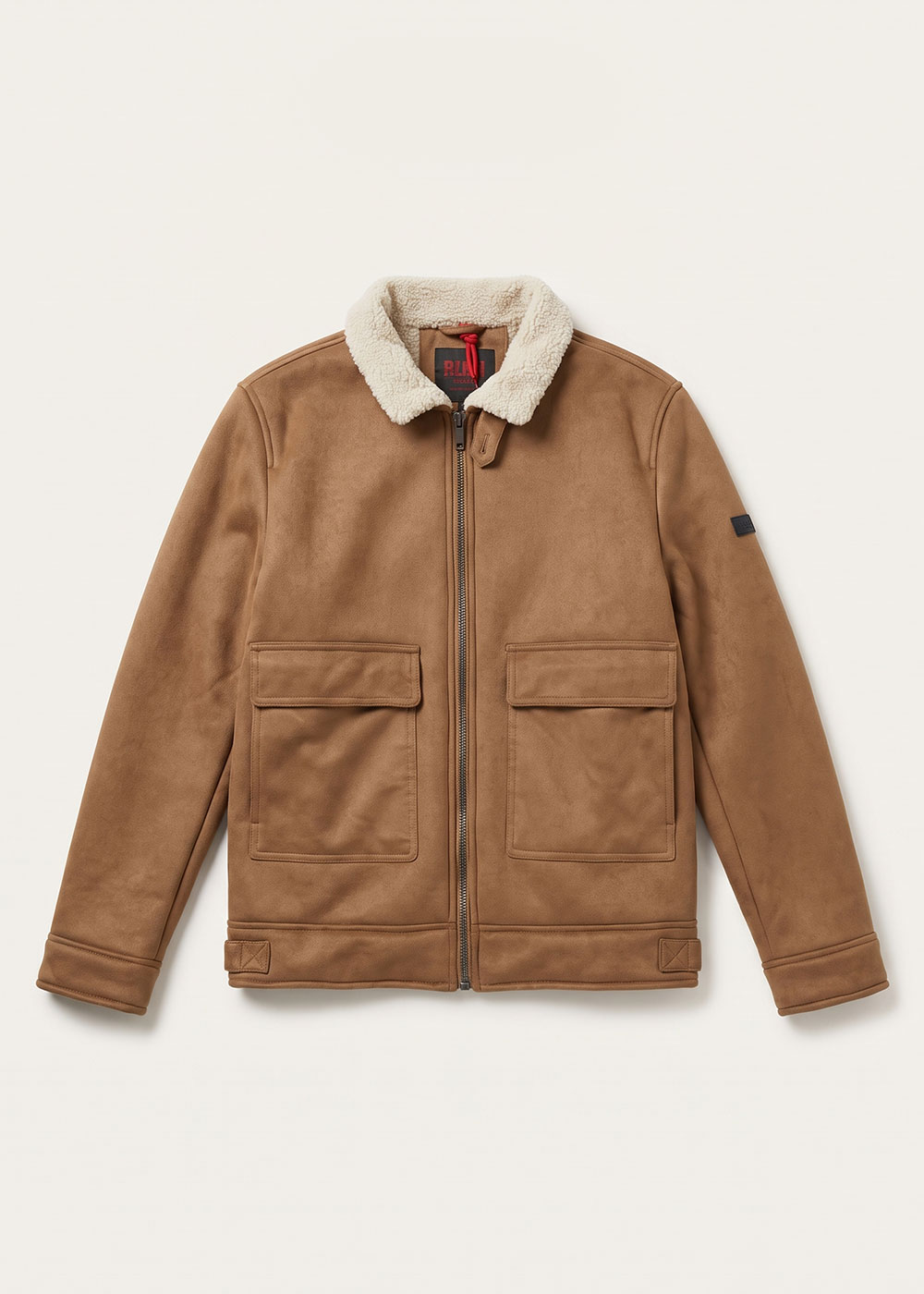 Men's tan suede-like bomber jacket with cream sherpa collar, front zip and two flap pockets, laid flat on neutral background