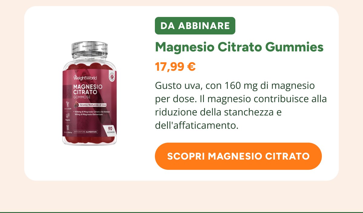 Magnesio Citrato Gummies 17,99 € Gusto uva, con 160 mg di magnesio per dose.