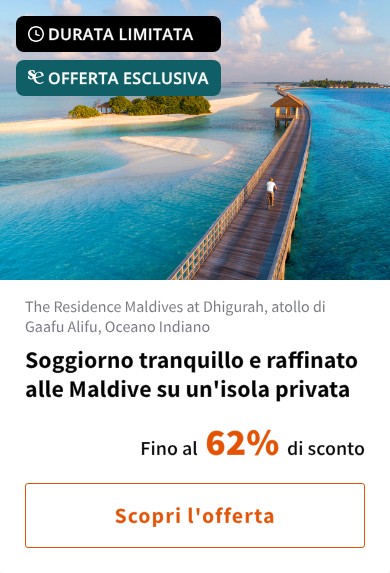 Soggiorno tranquillo e raffinato alle Maldive su un'isola privata
