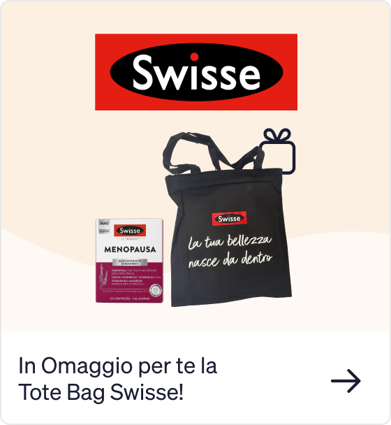 Swisse logo above a Menopausa supplement box and black Swisse tote bag with Italian slogan, promotional gift offer
