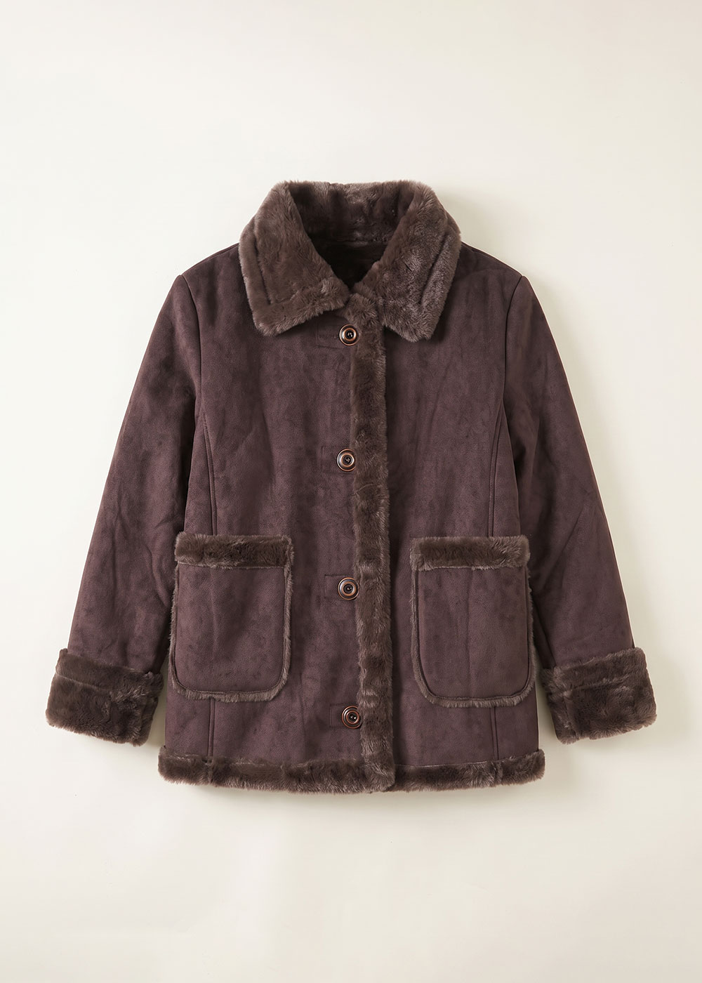 Dark brown faux-shearling coat with fur collar, button-front closure and two patch pockets, front view
