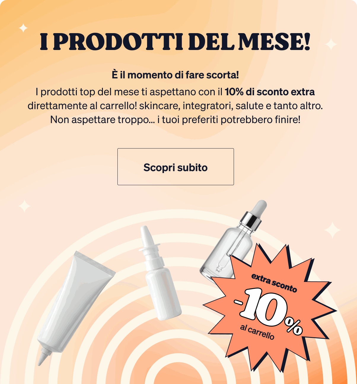 Promotional banner showing skincare tubes and dropper, 10% extra discount at checkout for this month's featured products