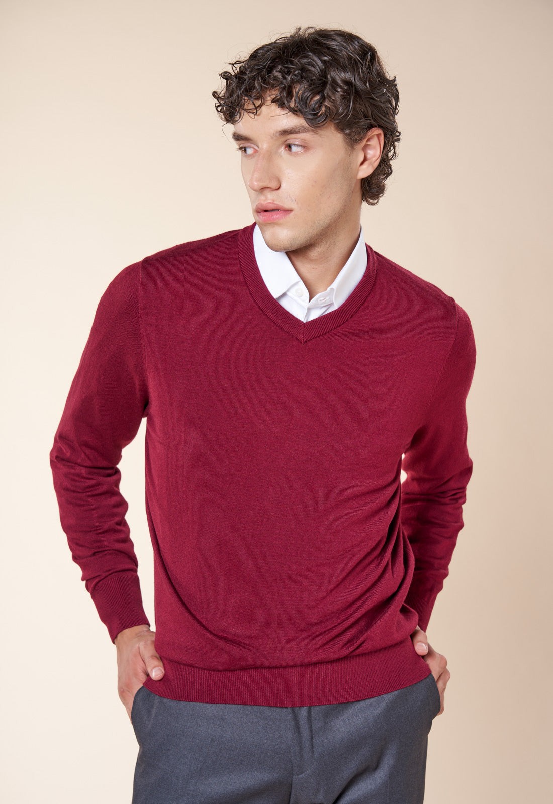 Maglia Uomo con Scollo a V e Maniche Lunghe - Bordeaux / S