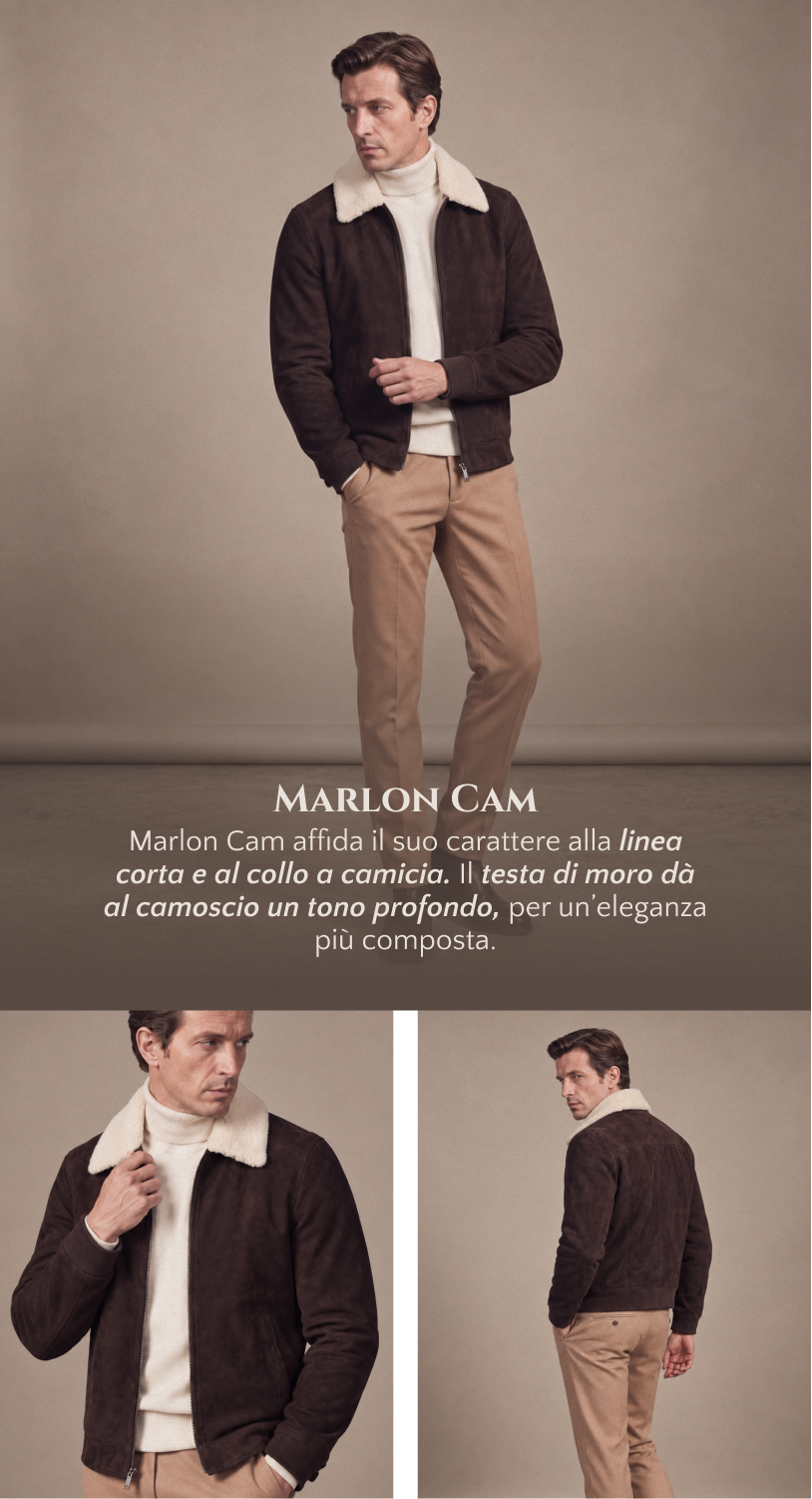 Marlon Cam, linea corta e collo a camicia, camoscio testa di moro e fodera in puro cashmere.