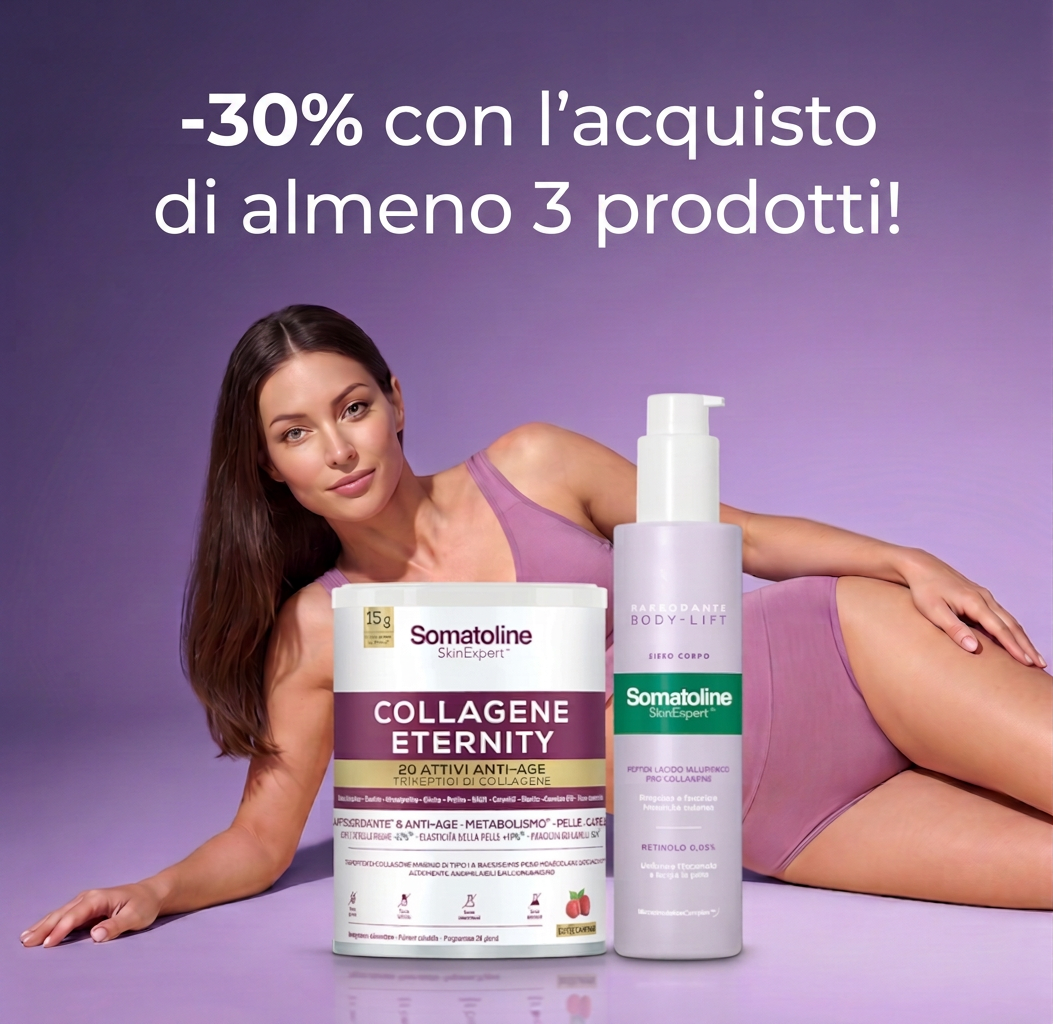 Somatoline ad offers 30% off collagen products with purchase of 3 or more.