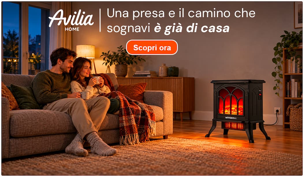 Camino elettrico Avilia acceso in un salotto accogliente: una presa e il camino che sognavi è già di casa.