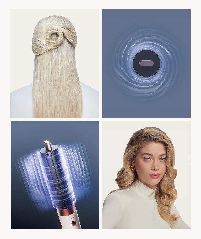 Griglia con modelle dai diversi styling e immagine che mostra il flusso d’aria Coanda intorno ai coni Dyson Airwrap.