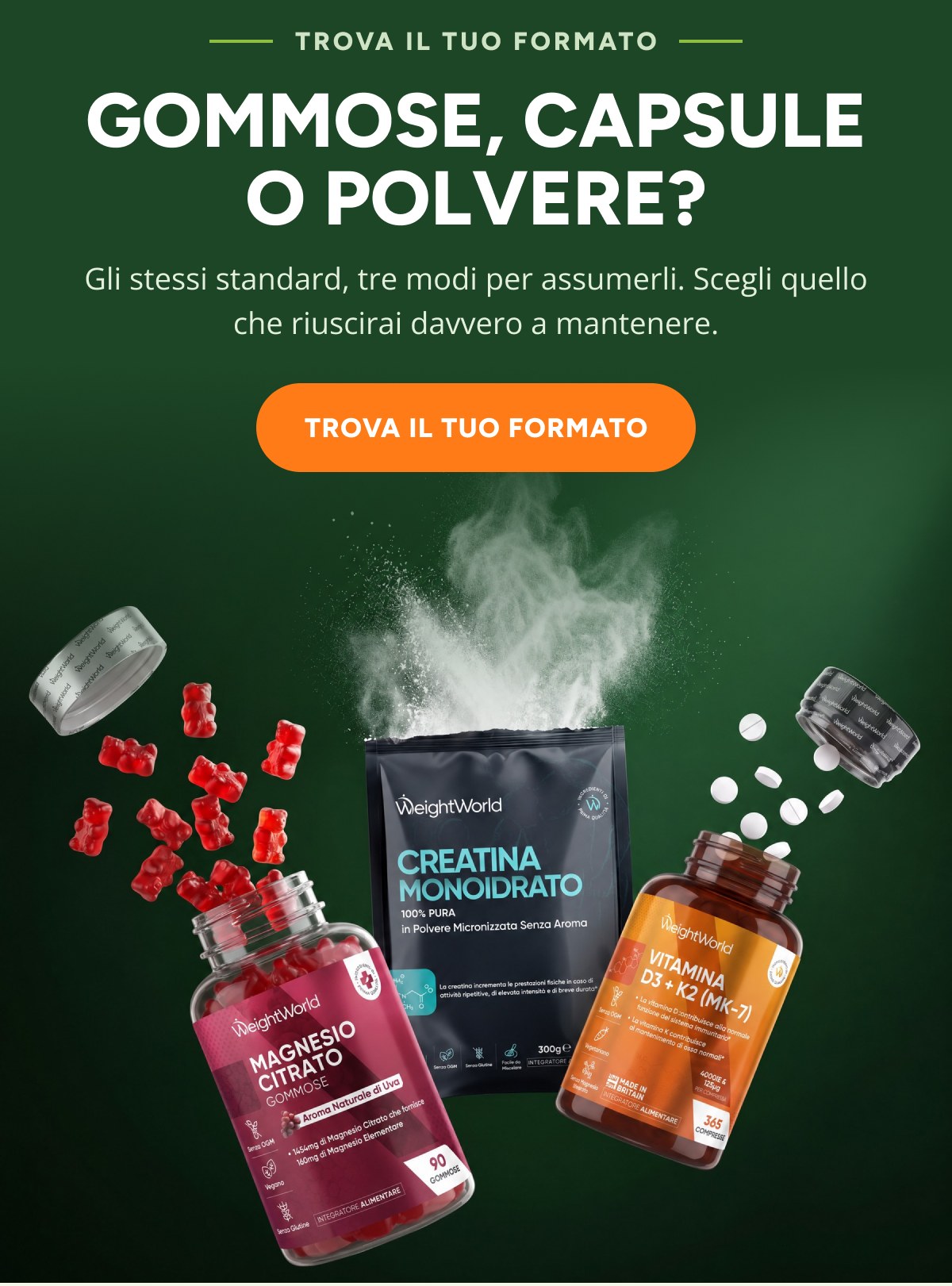 Gommose, capsule o polvere? Gli stessi standard, tre modi per assumerli. Scegli quello che riuscirà davvero a mantenere. Trova il tuo formato