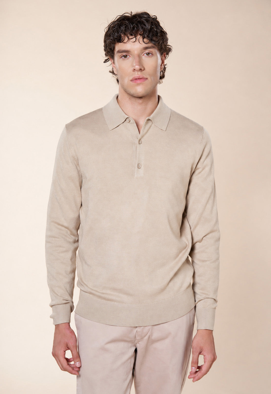 Maglia Polo Uomo a Maniche Lunghe con Bottoni - Beige / XL