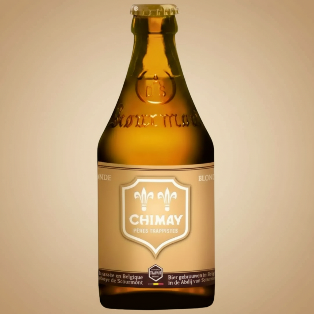 Bottle of Chimay Peres Trappistes blonde beer.