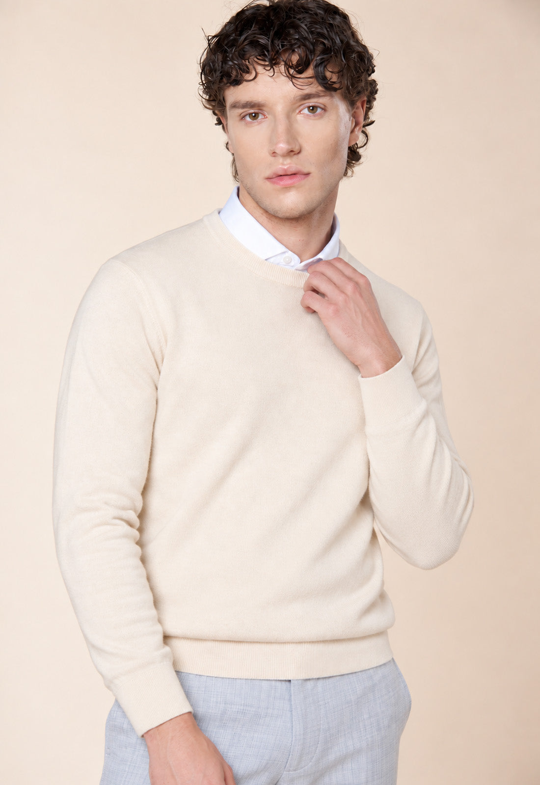 Maglia Uomo Girocollo a Maniche Lunghe - Panna / XL