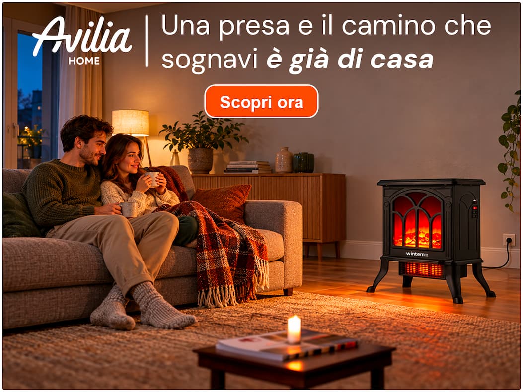 Camino elettrico Avilia acceso in un salotto accogliente: una presa e il camino che sognavi è già di casa.