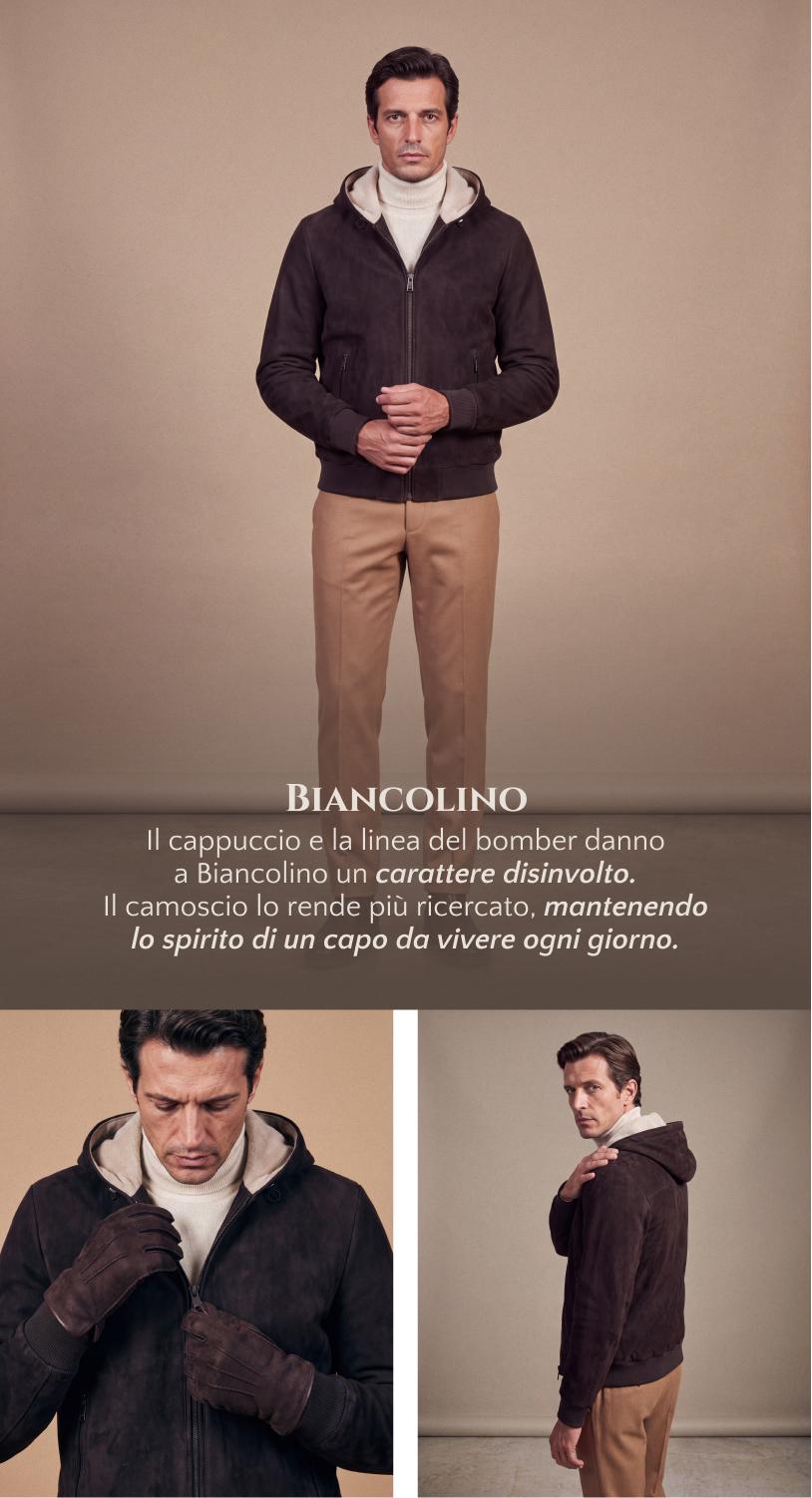 Biancolino, bomber in camoscio testa di moro con cappuccio e fodera in puro cashmere.