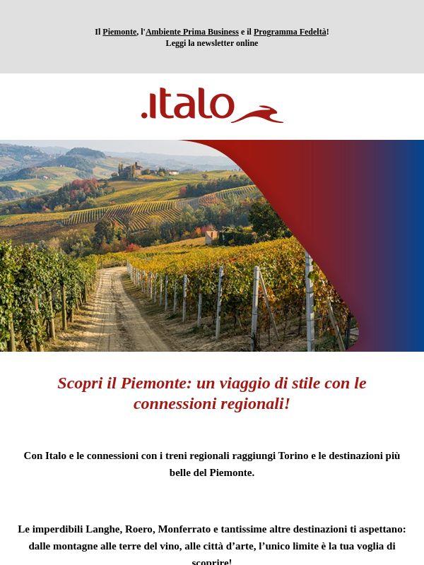 Il Piemonte ti aspetta. Iscriviti a Italo Più e ricevi 5€ di sconto sul tuo prossimo viaggio!