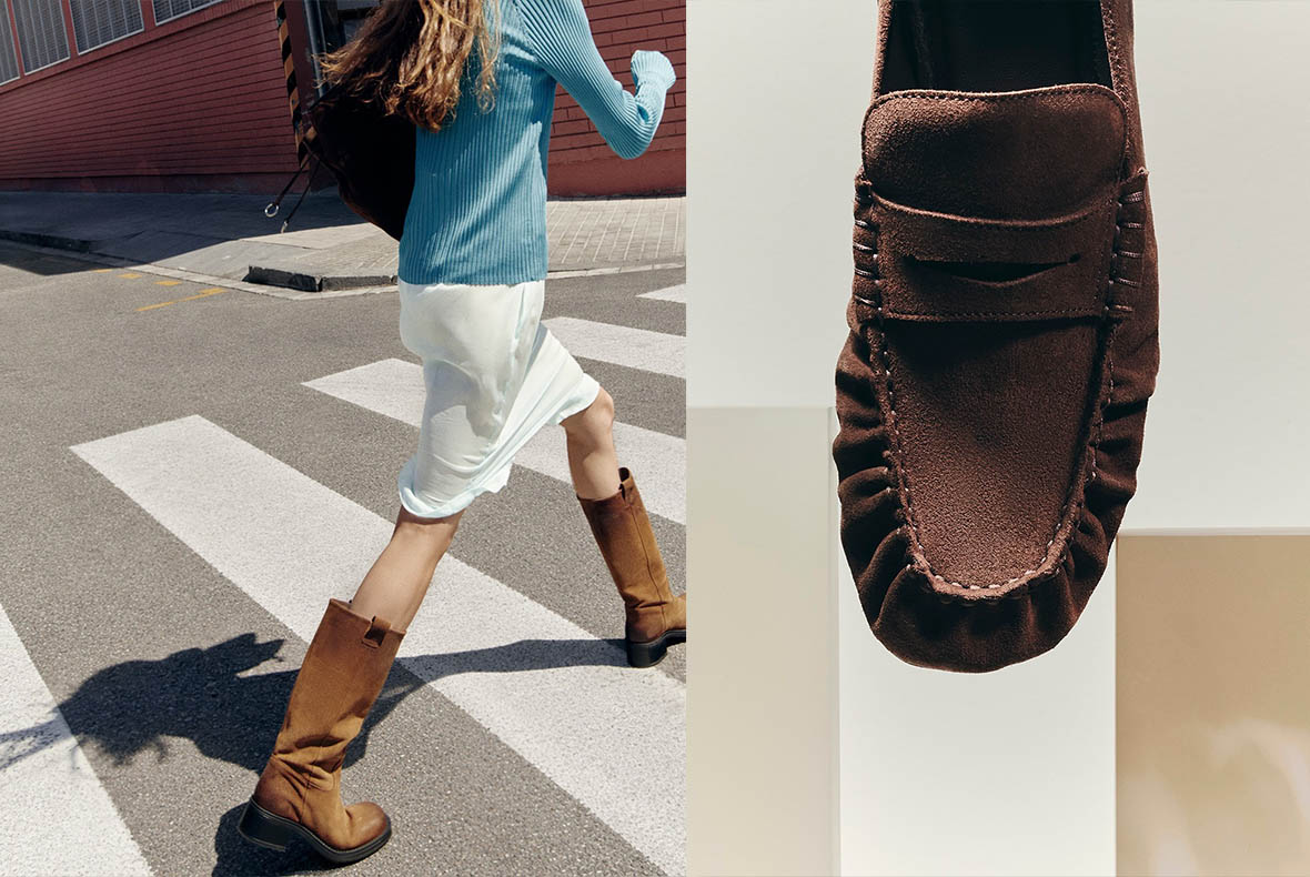Split image: woman walking across a zebra crossing in tan knee-high boots, blue sweater and white skirt; close-up brown suede loafer