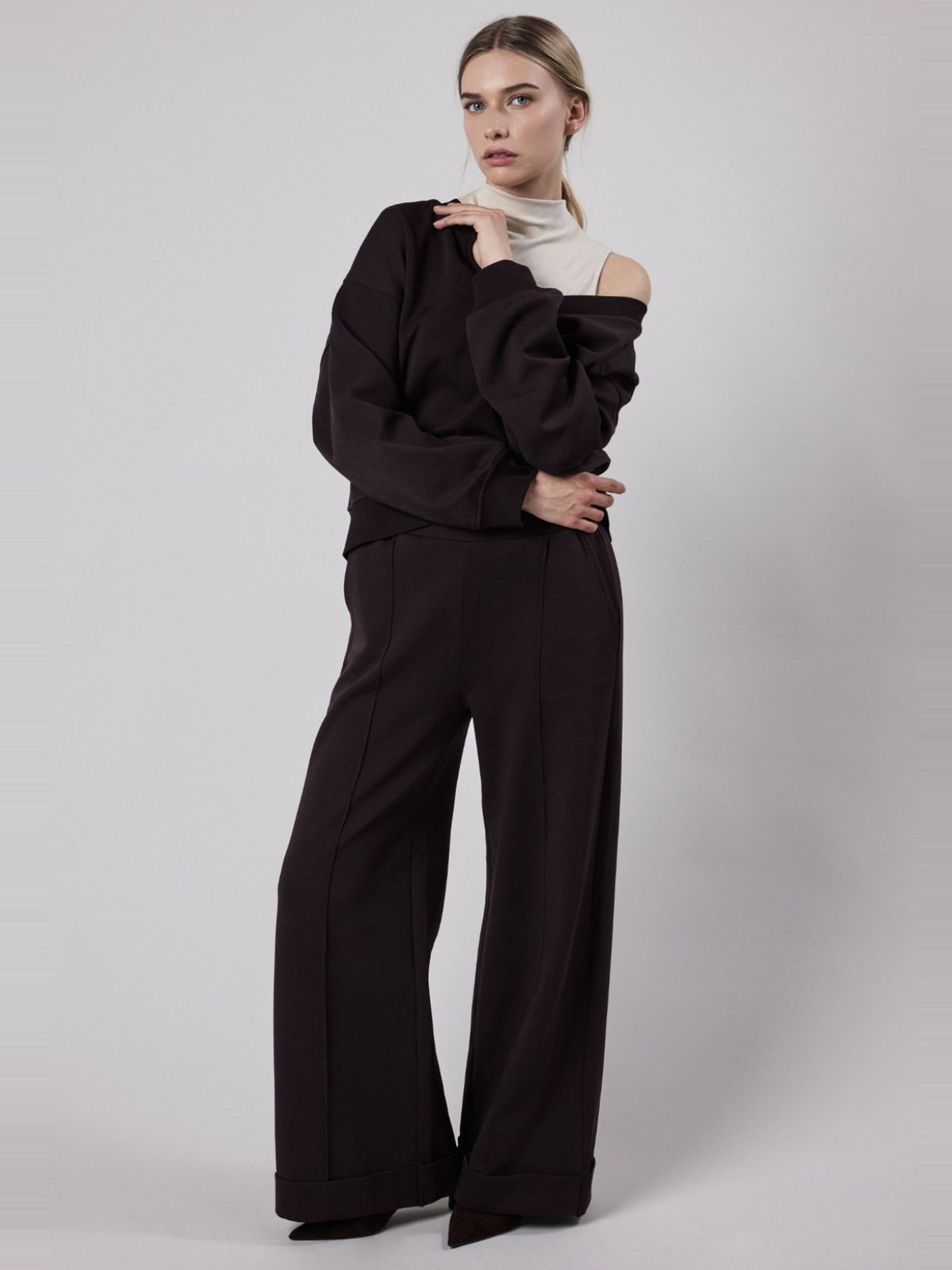 Pantalone Palazzo con Risvolto in Interlock Wood