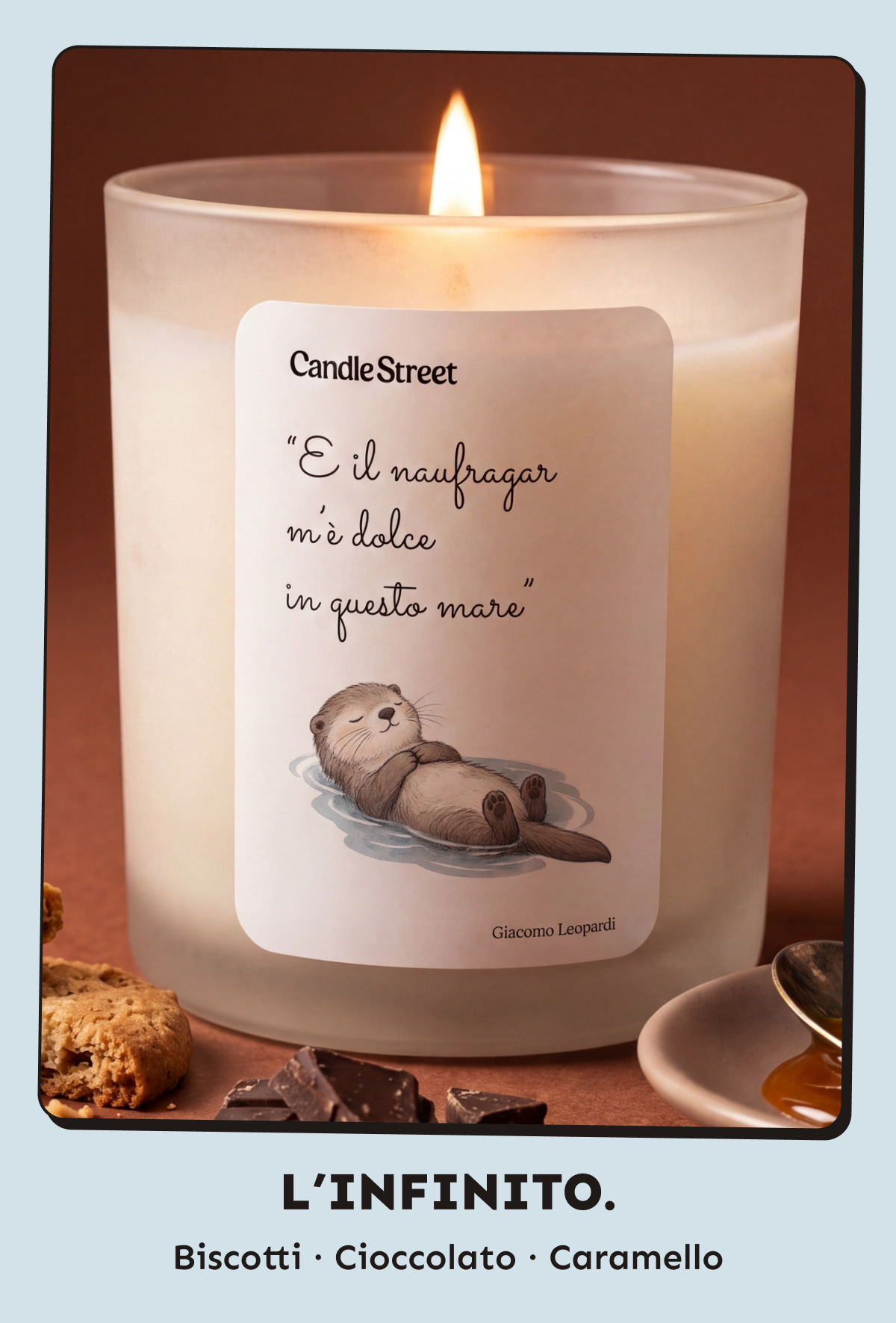 L’Infinito 🌊. «E il naufragar m’è dolce in questo mare». Giacomo Leopardi. Biscotti · Cioccolato · Caramello.
