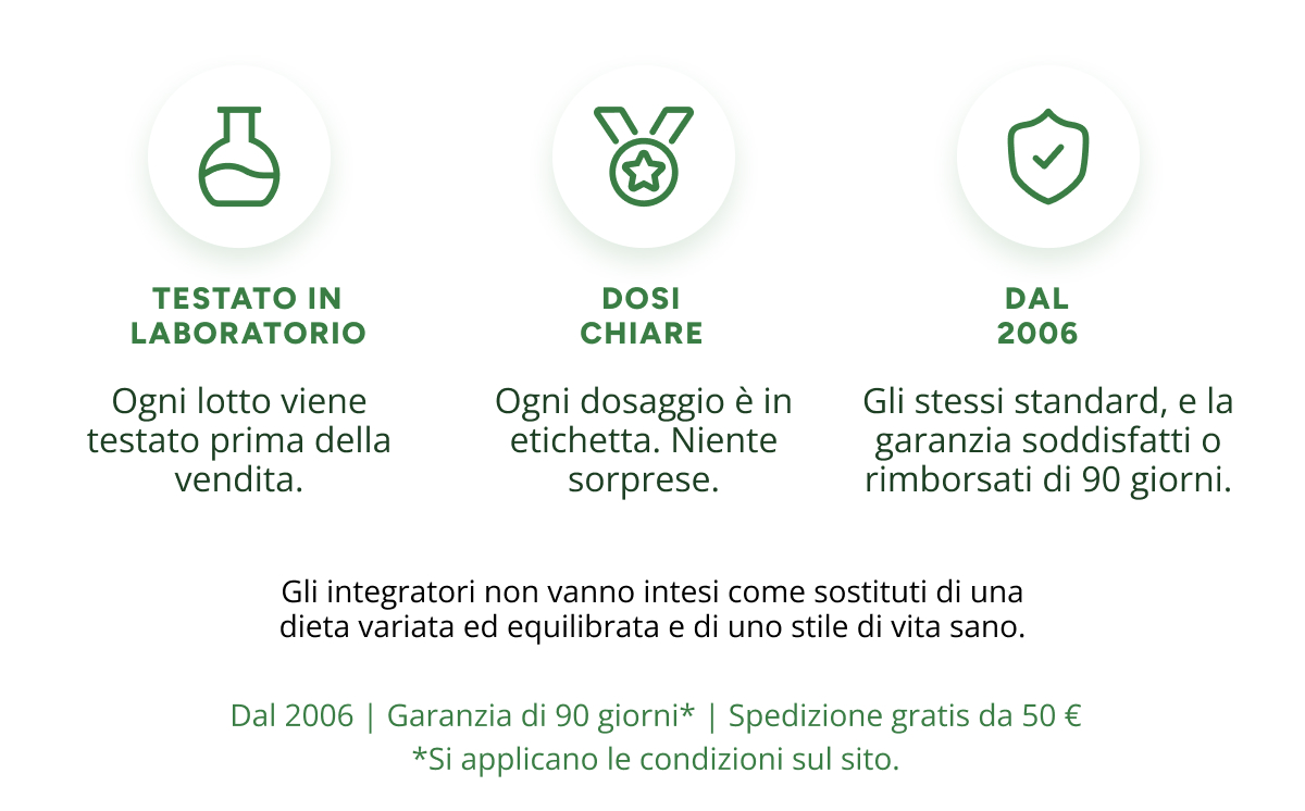 Testato in laboratorio Ogni lotto viene testato prima della vendita. Dosi chiare Ogni dosaggio è in etichetta. Niente sorprese.