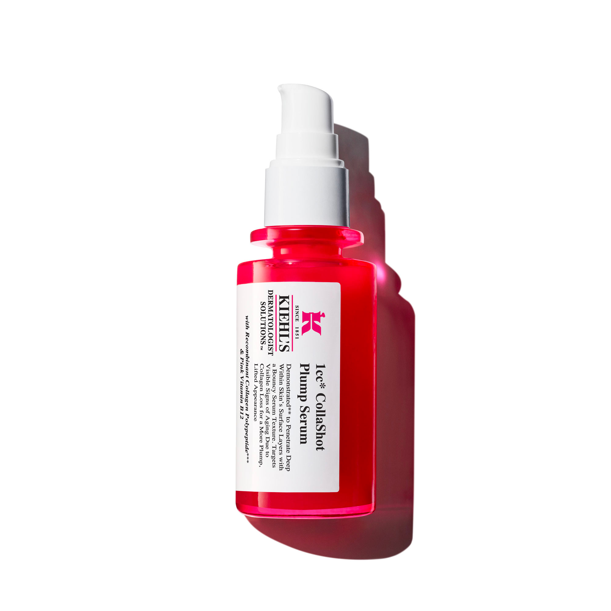 Flacone rosa di 1cc* CollaShot Plump Serum Kiehl's su sfondo bianco