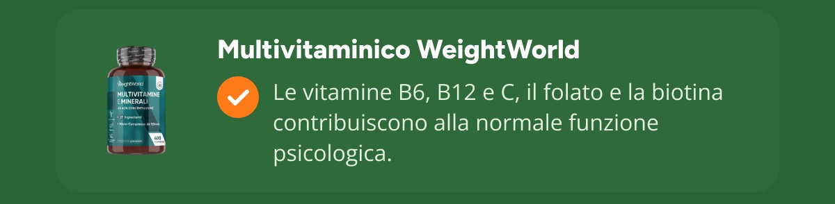 Multivitaminico WeightWorld Le vitamine B6, B12 e C, il folato e la biotina contribuiscono alla normale funzione psicologica.
