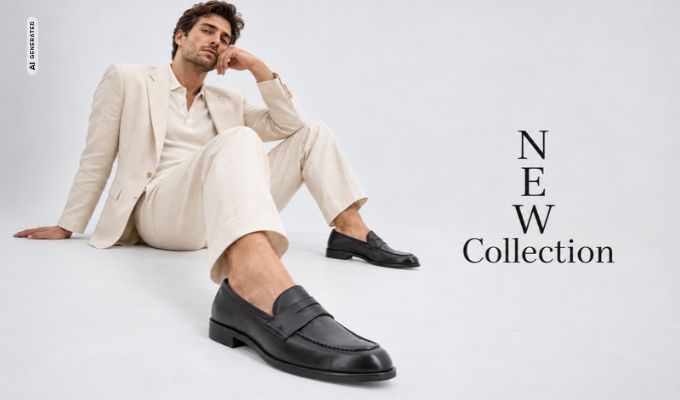 Man in beige suit seated on white floor showcasing black leather loafers, minimalist background and 'New Collection' fashion campaign