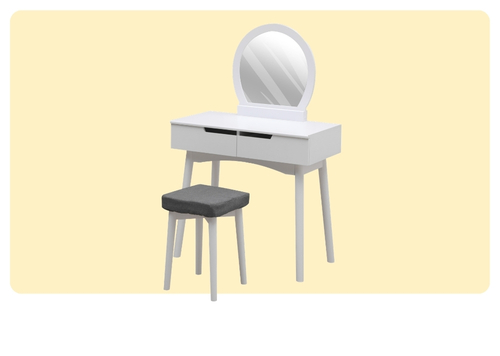 White dressing table with round mirror and grey upholstered stool on pale yellow background — modern vanity set