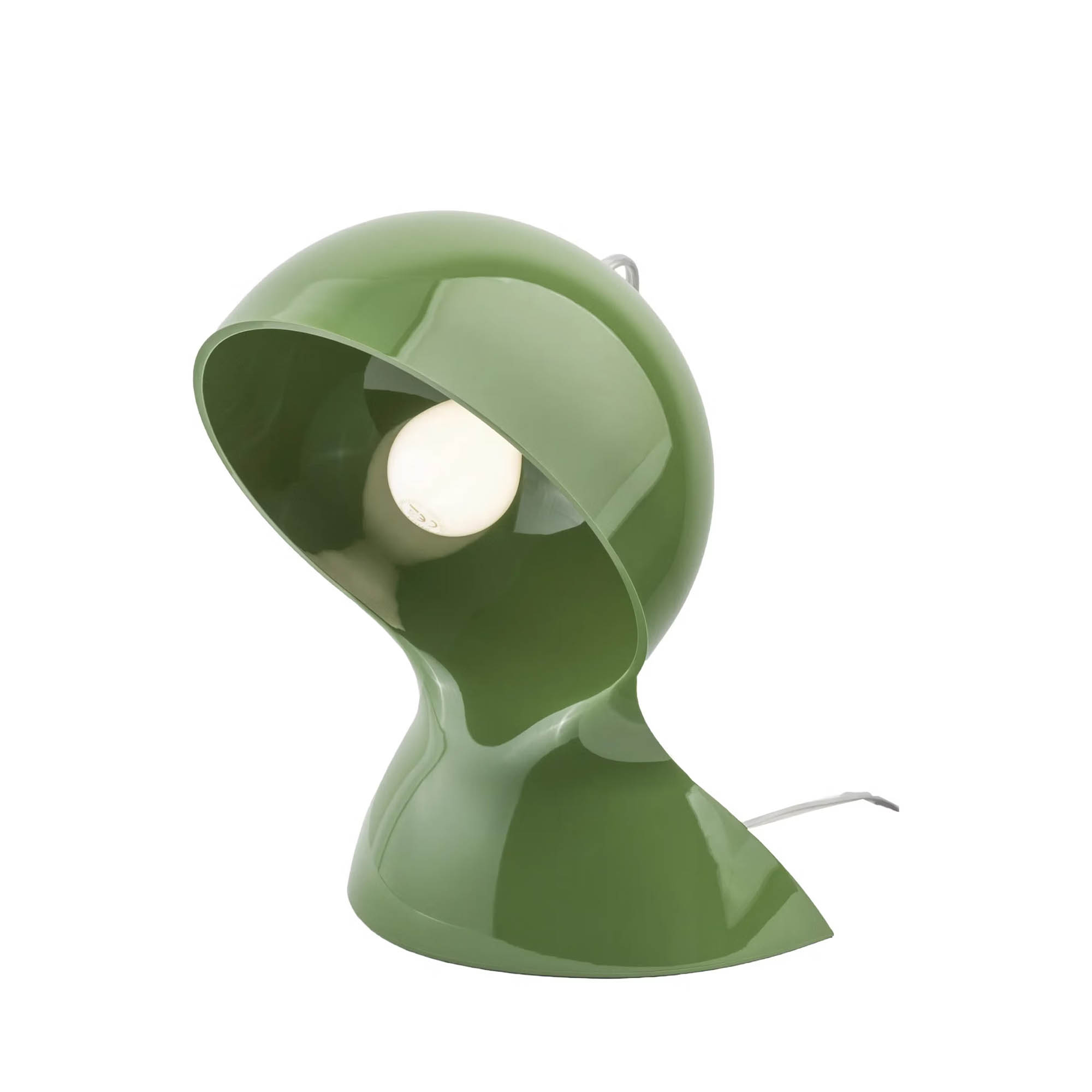 Glossy olive-green sculptural table lamp with exposed bulb and curved dome shade, modern retro design on white background