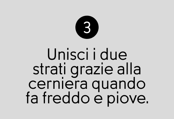 Unisci i due strati grazie alla cerniera quando fa freddo e piove.