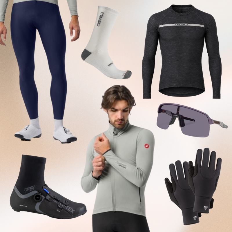 Collage of men's winter cycling kit: thermal long-sleeve jacket and base layer, bib tights, overshoes, gloves, socks and cycling sunglasses