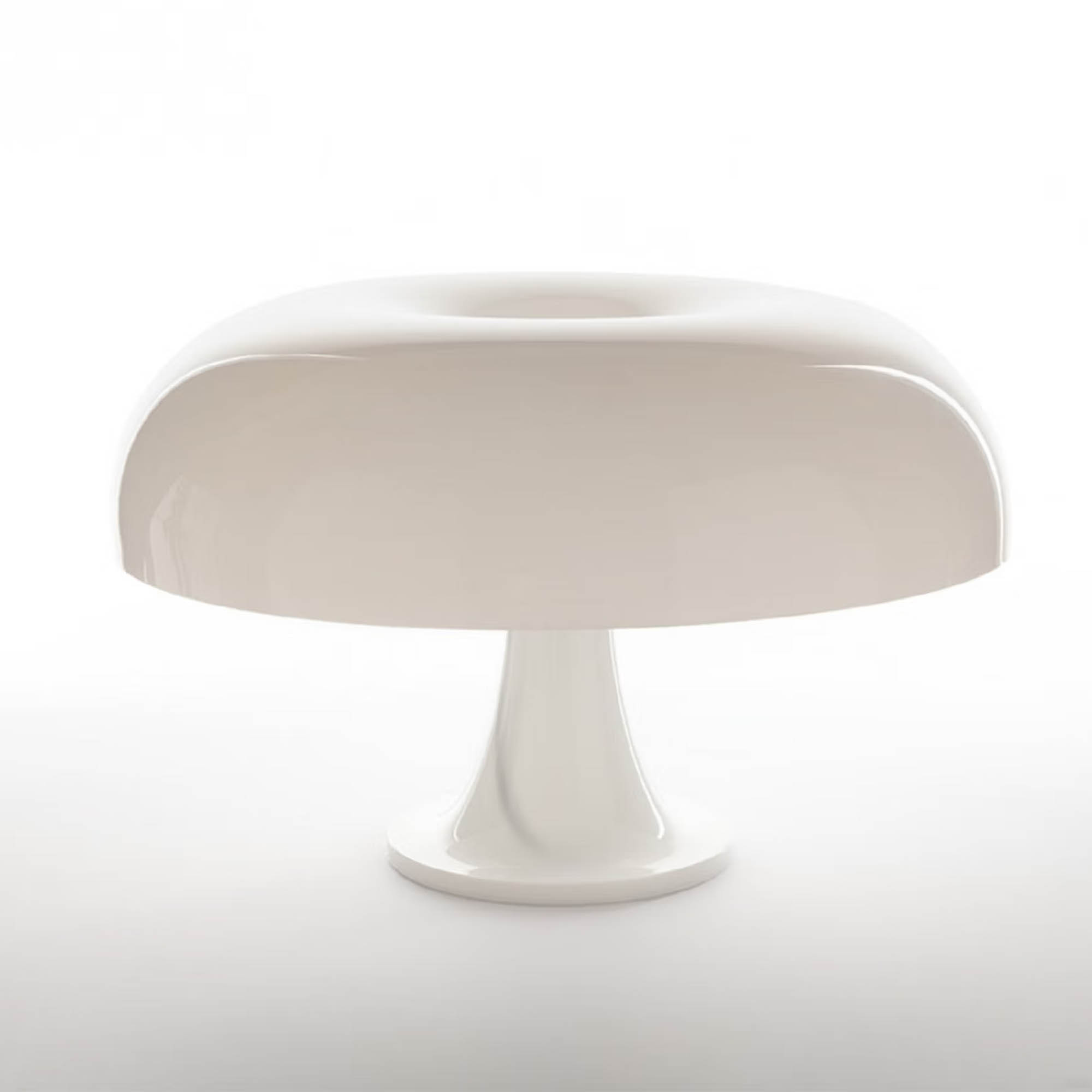 Glossy white mushroom-shaped table lamp on a pedestal base, modern minimalist design for living room or bedside