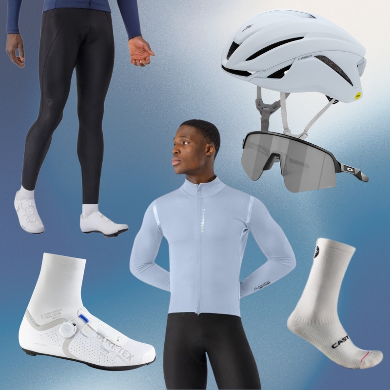 Man in light-blue cycling skinsuit and black tights with white helmet, sunglasses, shoes and socks on blue background