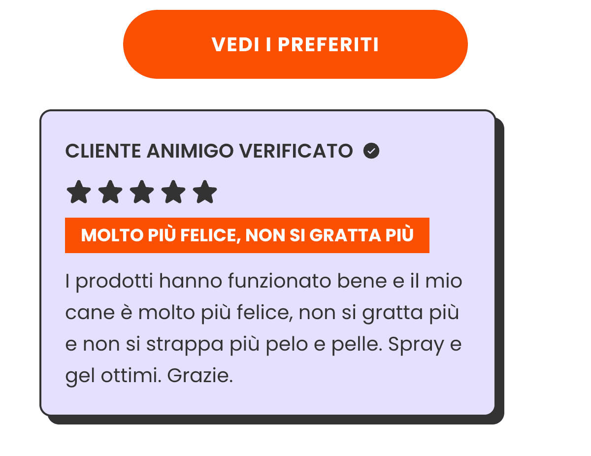 VEDI I PREFERITI · CLIENTE ANIMIGO VERIFICATO · MOLTO PIÙ FELICE, NON SI GRATTA PIÙ · I prodotti hanno funzionato bene e il mio cane è molto più felice, non si gratta più e non si strappa più pelo e pelle. Spray e gel ottimi. Grazie.