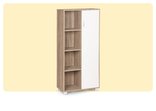 Tall oak-effect storage unit with four open shelves on the left and a white single-door cupboard on the right