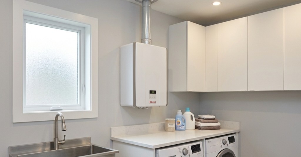 Bright laundry room with washing machine and dryer, stainless steel sink, wall‑mounted boiler, white cabinets and towels