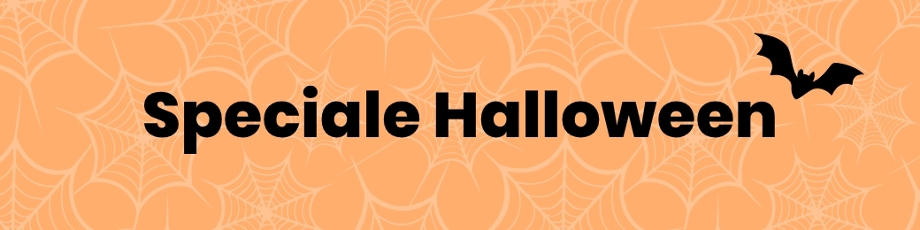 Orange Halloween banner with spiderweb pattern, black headline reading 'Speciale Halloween' and a small flying bat silhouette