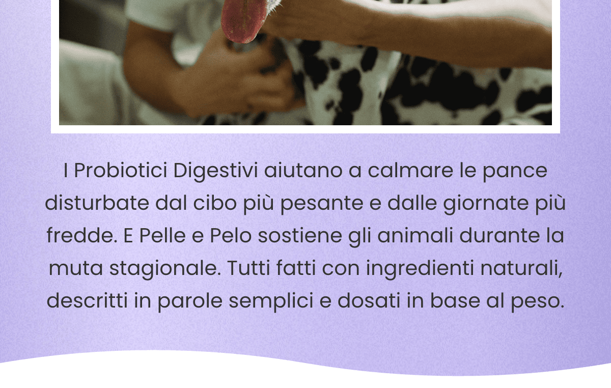 I Probiotici Digestivi aiutano a calmare le pance disturbate dal cibo più pesante e dalle giornate più fredde. E Pelle e Pelo sostiene gli animali durante la muta stagionale. Tutti fatti con ingredienti naturali, descritti in parole semplici e dosati in base al peso.