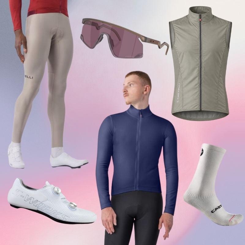 Cycling apparel collage: male in navy long-sleeve jersey and black bib shorts; tights, white S‑Works shoes, grey vest, sunglasses and white socks.