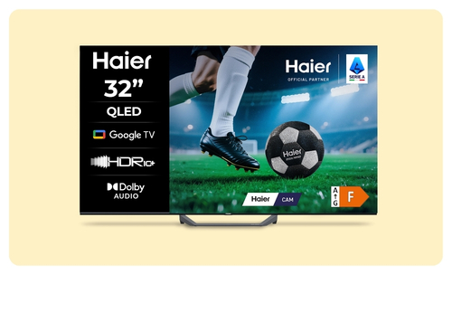 Haier 32-inch OLED Google TV with HDR10+ and Dolby Audio displaying football scene, Serie A partnership logo