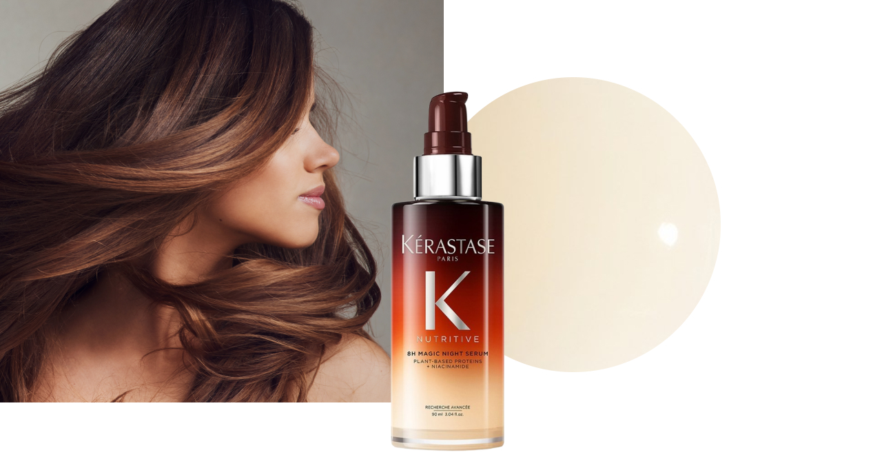 Un flacone di Kérastase Nutritive 8H Magic Night Serum davanti a una ciocca di capelli castani lucenti e a un campione di texture chiara.