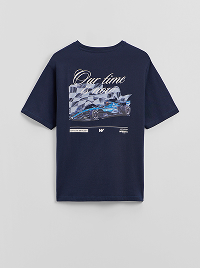 T-shirt blu navy con stampa da corsa e scritta Our time.