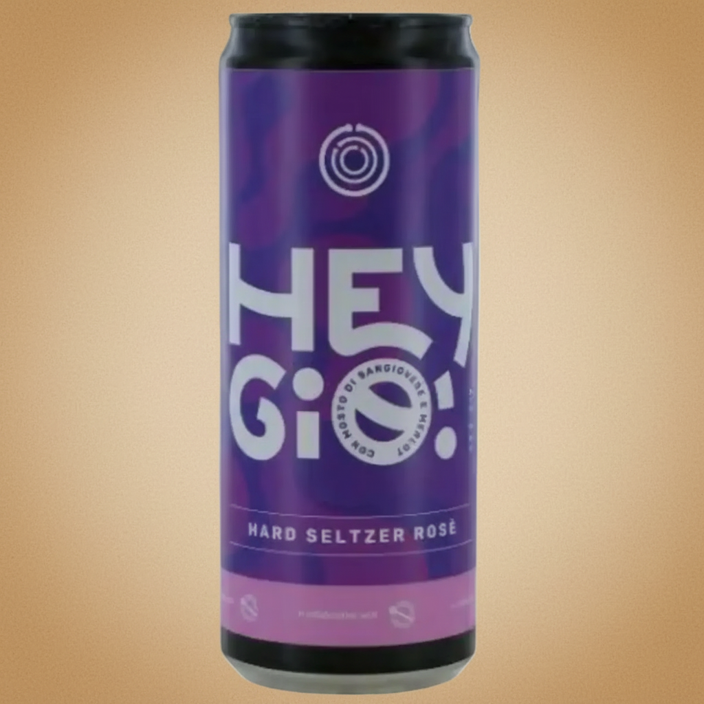A can of "Hey Gio! Hard Seltzer Rosé" with a purple and pink design.