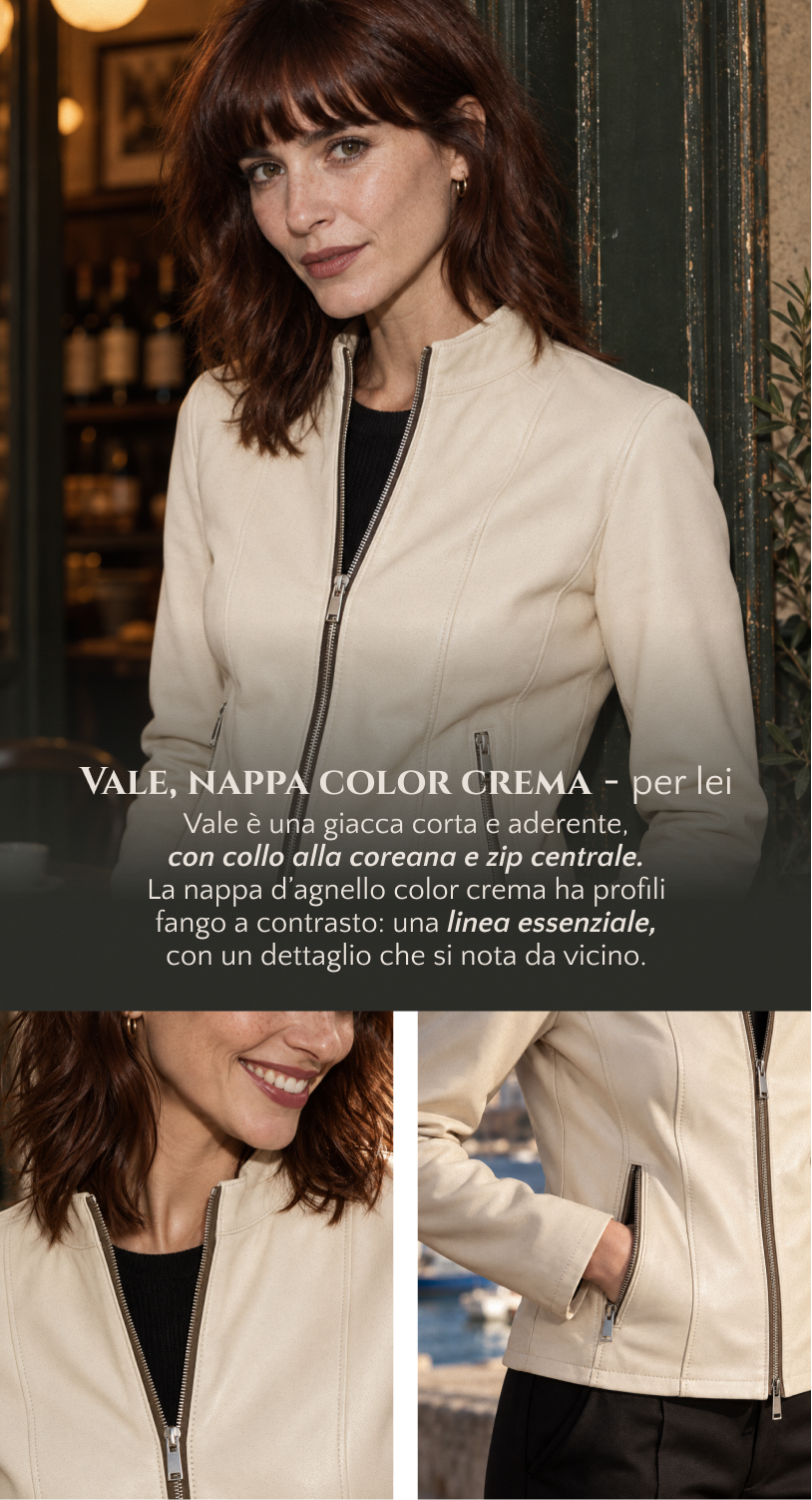 Vale, nappa color crema per lei: giacca corta e aderente, collo alla coreana e profili fango a contrasto.