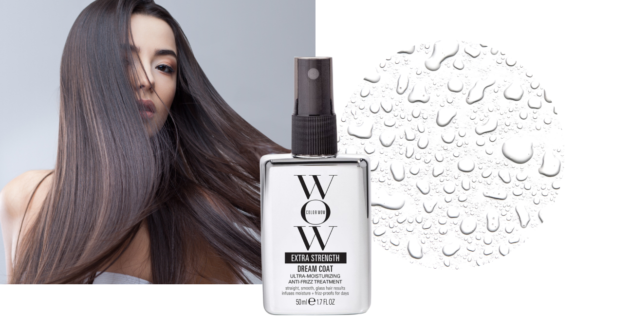 Un flacone di Color Wow Extra Strength Dream Coat accanto a una donna dai capelli lisci e scuri e un’immagine circolare con gocce d’acqua.