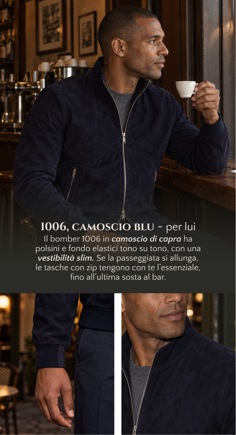 1006, bomber in camoscio blu per lui: polsini e fondo elastici tono su tono, vestibilità slim e tasche con zip.