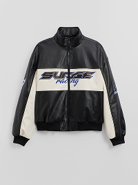 Giacca nera in ecopelle con fascia bianca e scritta SURGE Racing.