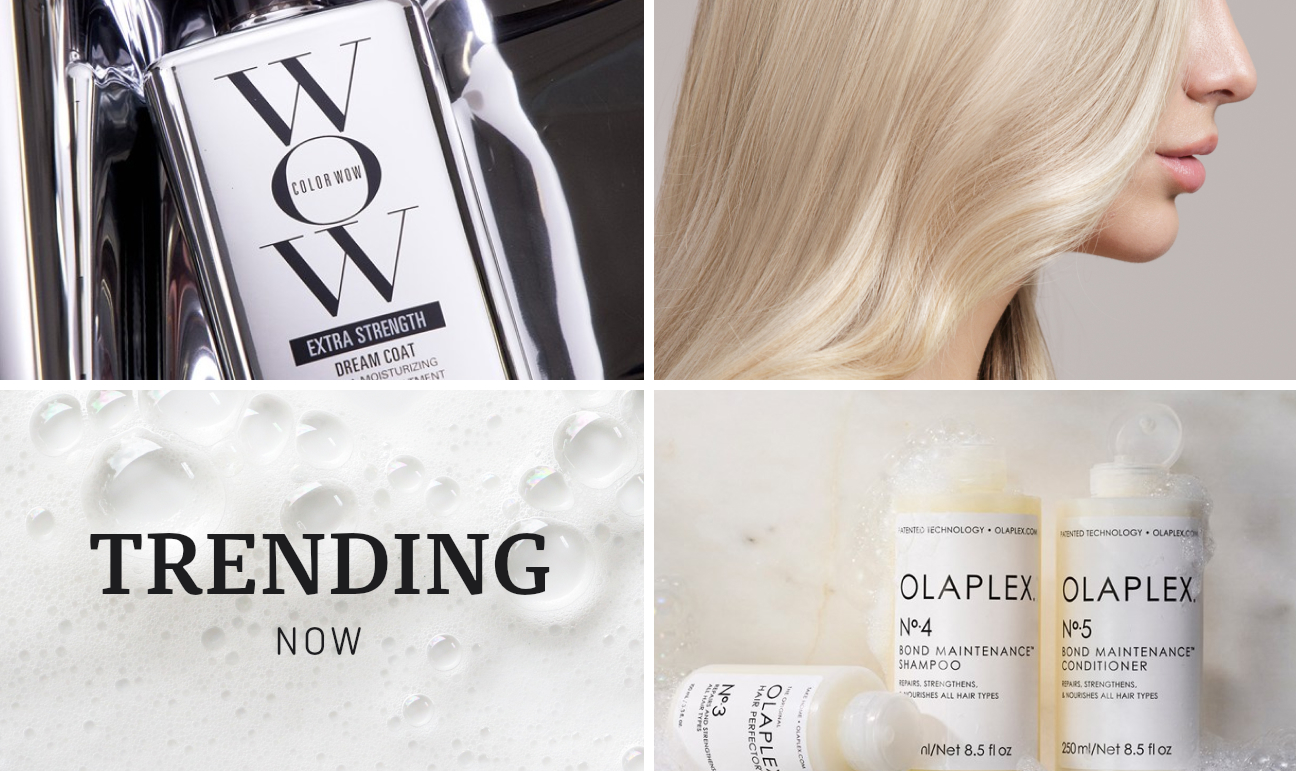 Un collage composto da quattro immagini che ritraggono prodotti di tendenza per la cura dei capelli dei marchi Color Wow e Olaplex, accompagnati da una chioma bionda lucente e dalla scritta “Attualmente di tendenza”.