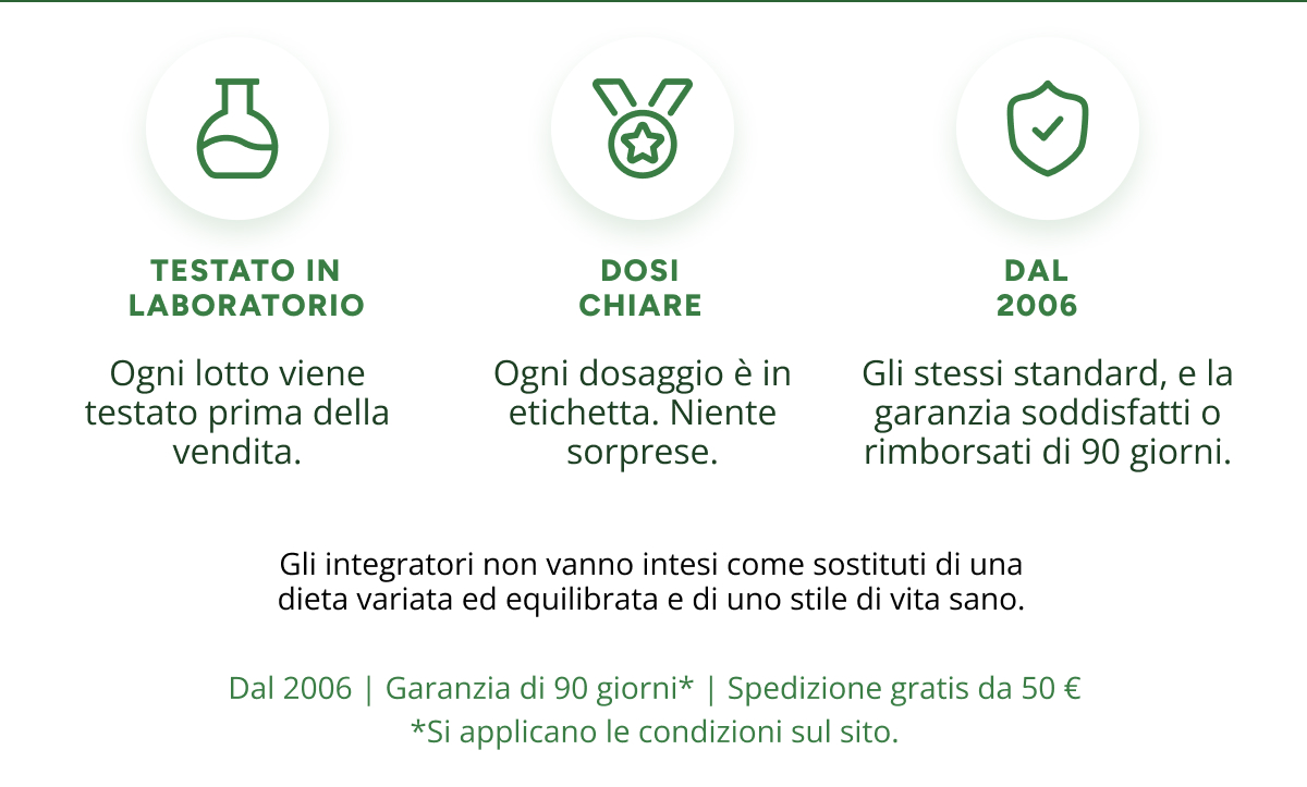 Testato in laboratorio Ogni lotto viene testato prima della vendita. Dosi chiare Ogni dosaggio è in etichetta. Niente sorprese.