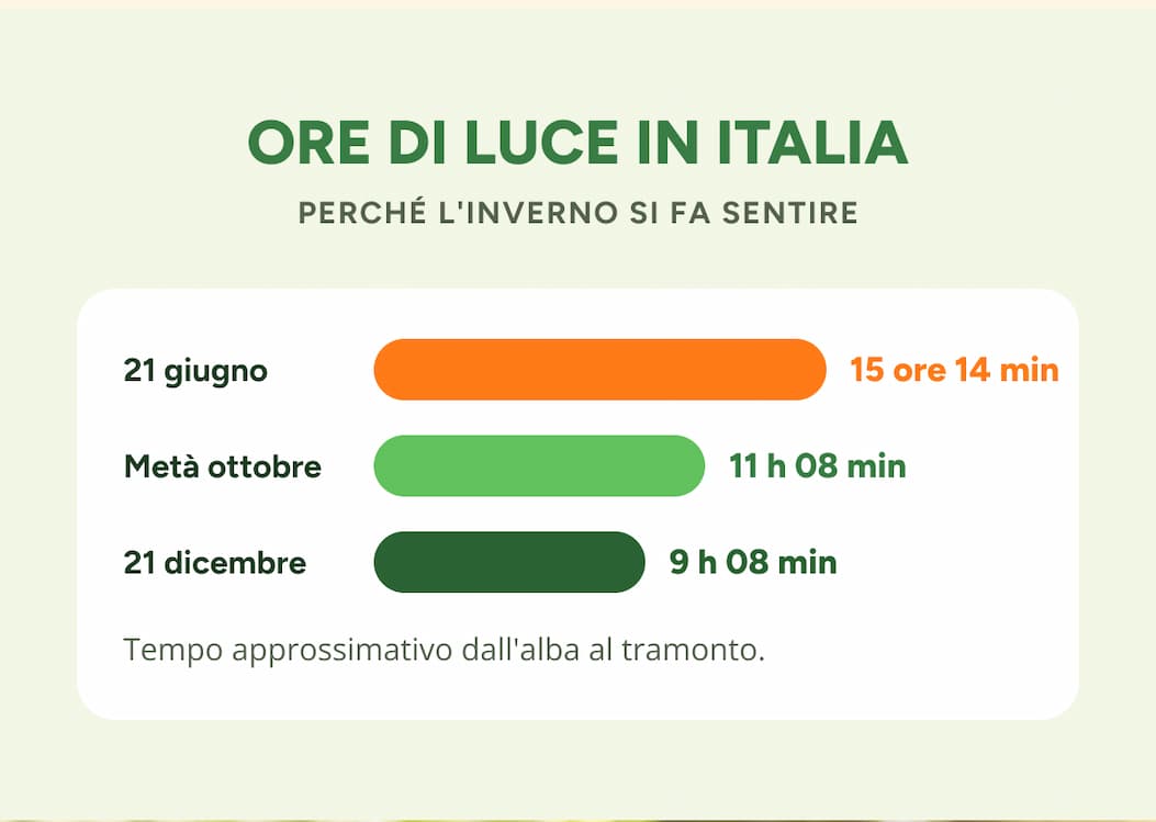 Ore di luce a italy perchÉ l'inverno si fa sentire 21 giugno 15 ore 14 min Metà ottobre 11 h 08 min 21 dicembre 9 h 08 min Tempo approssimativo…